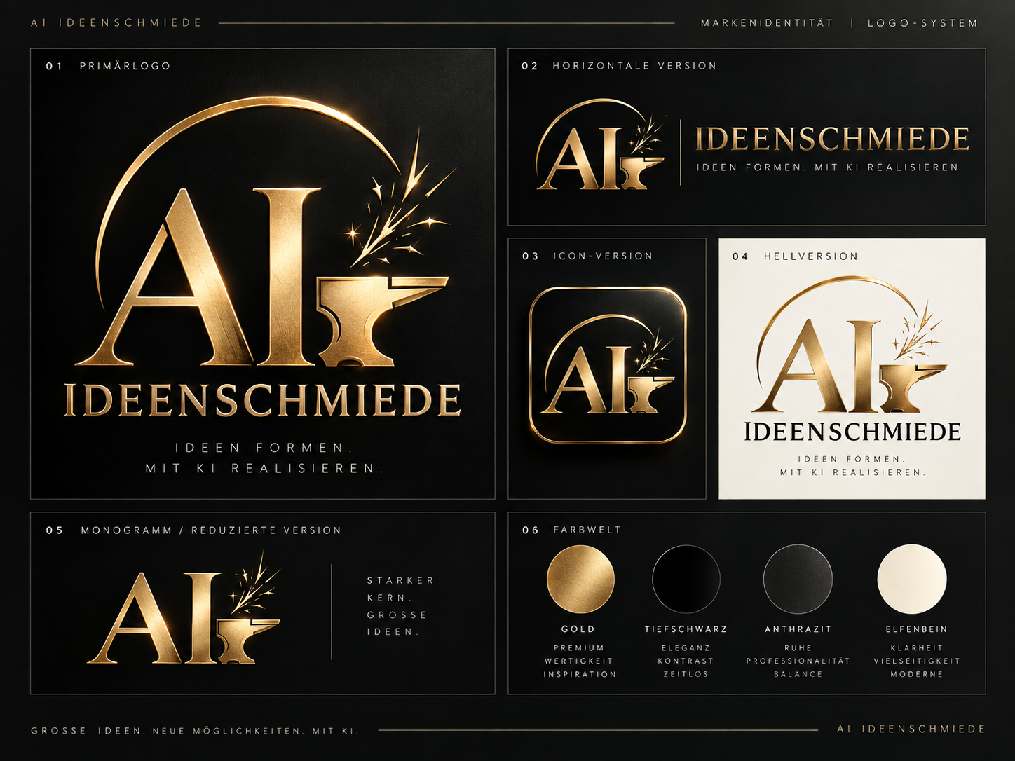 AI Ideenschmiede – goldenes Logo mit Amboss und Funken